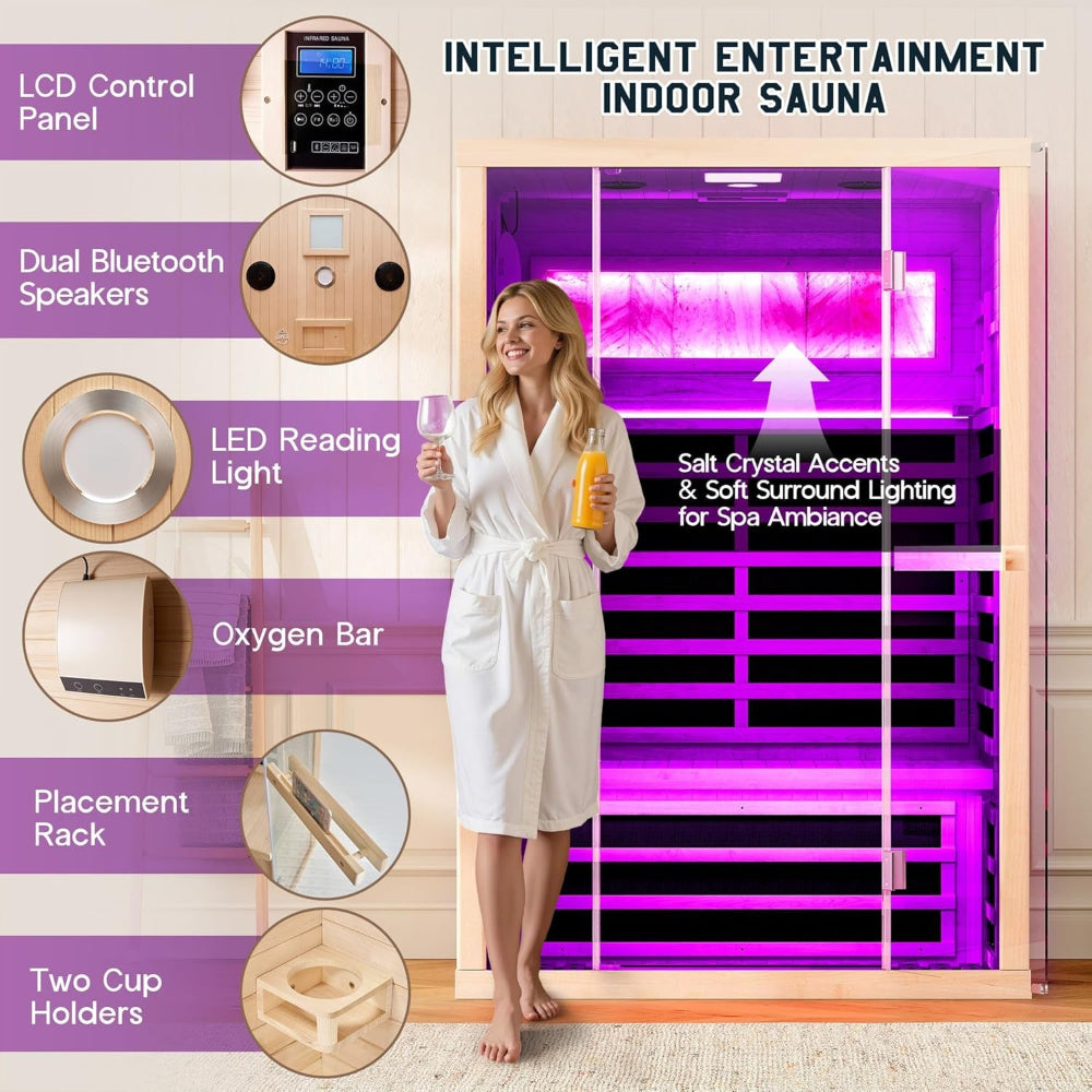 Infrared Sauna 2 Person, Infrared Saunas for Home, Low EMF 110V Hemlock Wood Dry Sauna with Tourmaline Foot Warmer, 7-Color Light Therapy & Salt Crystal Bricks, 47.2"X34.2"X70.9"