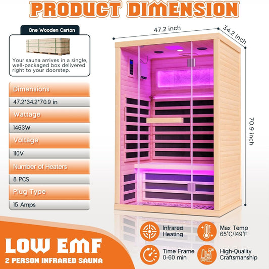 Infrared Sauna 2 Person, Infrared Saunas for Home, Low EMF 110V Hemlock Wood Dry Sauna with Tourmaline Foot Warmer, 7-Color Light Therapy & Salt Crystal Bricks, 47.2"X34.2"X70.9"