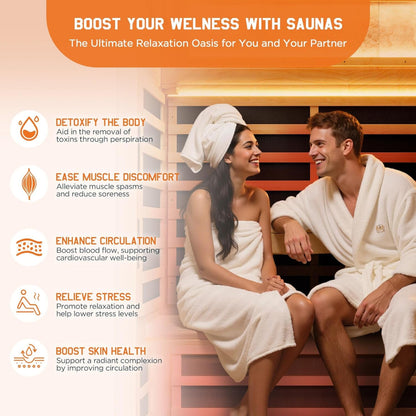 Infrared Sauna 2 Person, Infrared Saunas for Home, Low EMF 110V Hemlock Wood Dry Sauna with Tourmaline Foot Warmer, 7-Color Light Therapy & Salt Crystal Bricks, 47.2"X34.2"X70.9"