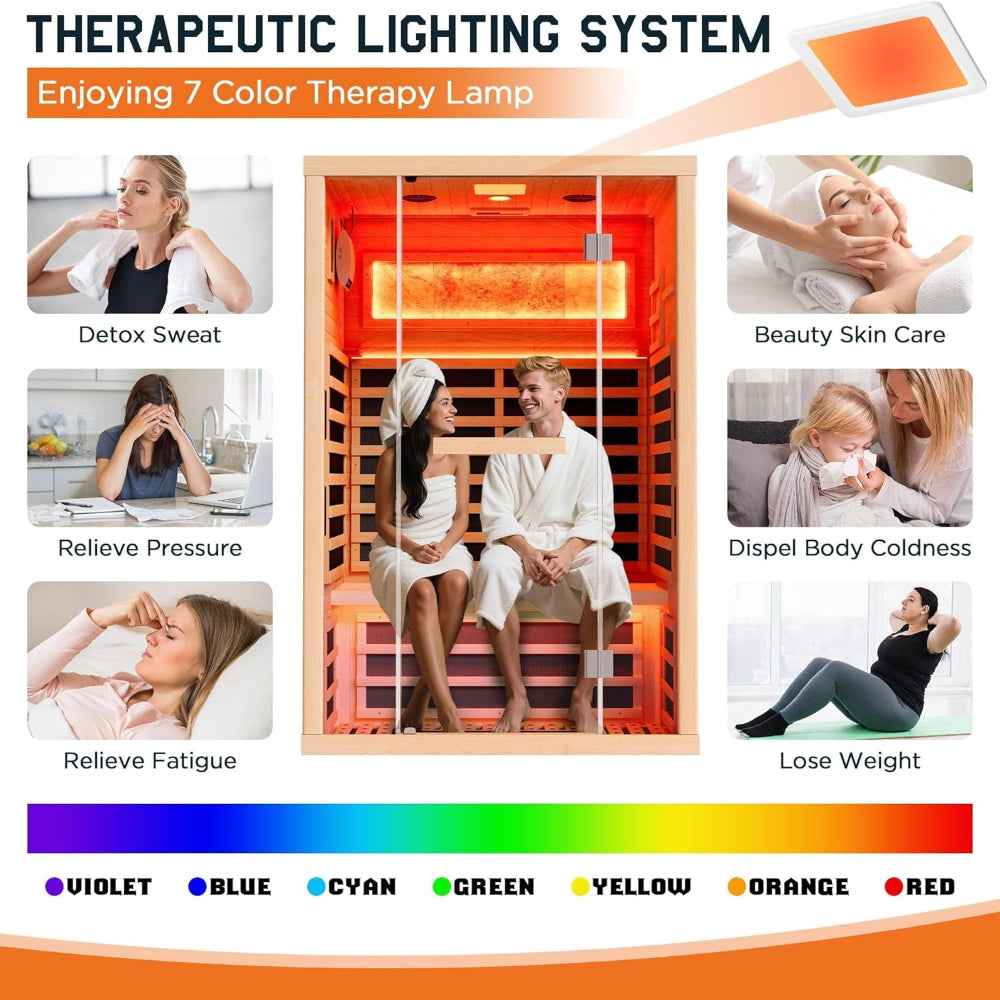 Infrared Sauna 2 Person, Infrared Saunas for Home, Low EMF 110V Hemlock Wood Dry Sauna with Tourmaline Foot Warmer, 7-Color Light Therapy & Salt Crystal Bricks, 47.2"X34.2"X70.9"