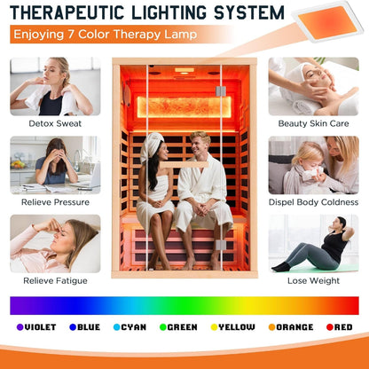 Infrared Sauna 2 Person, Infrared Saunas for Home, Low EMF 110V Hemlock Wood Dry Sauna with Tourmaline Foot Warmer, 7-Color Light Therapy & Salt Crystal Bricks, 47.2"X34.2"X70.9"