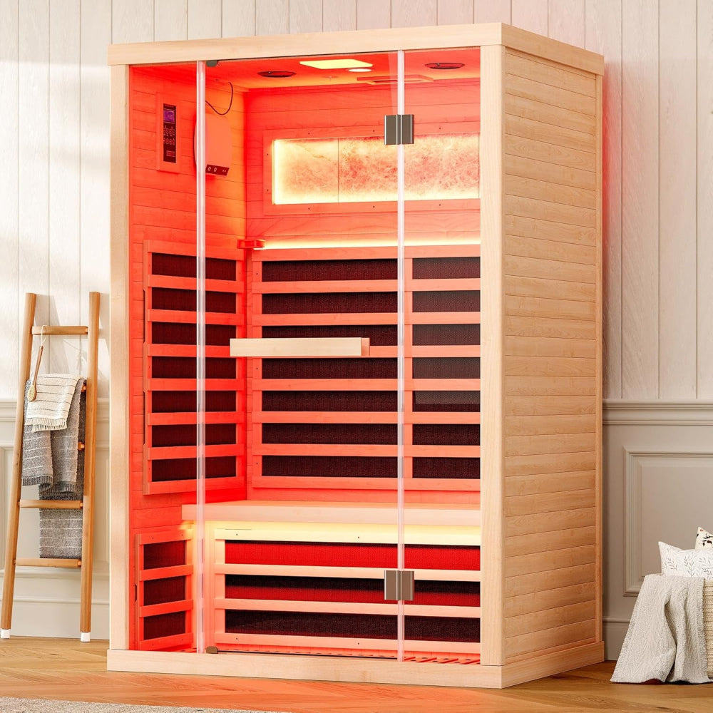 Infrared Sauna 2 Person, Infrared Saunas for Home, Low EMF 110V Hemlock Wood Dry Sauna with Tourmaline Foot Warmer, 7-Color Light Therapy & Salt Crystal Bricks, 47.2"X34.2"X70.9"