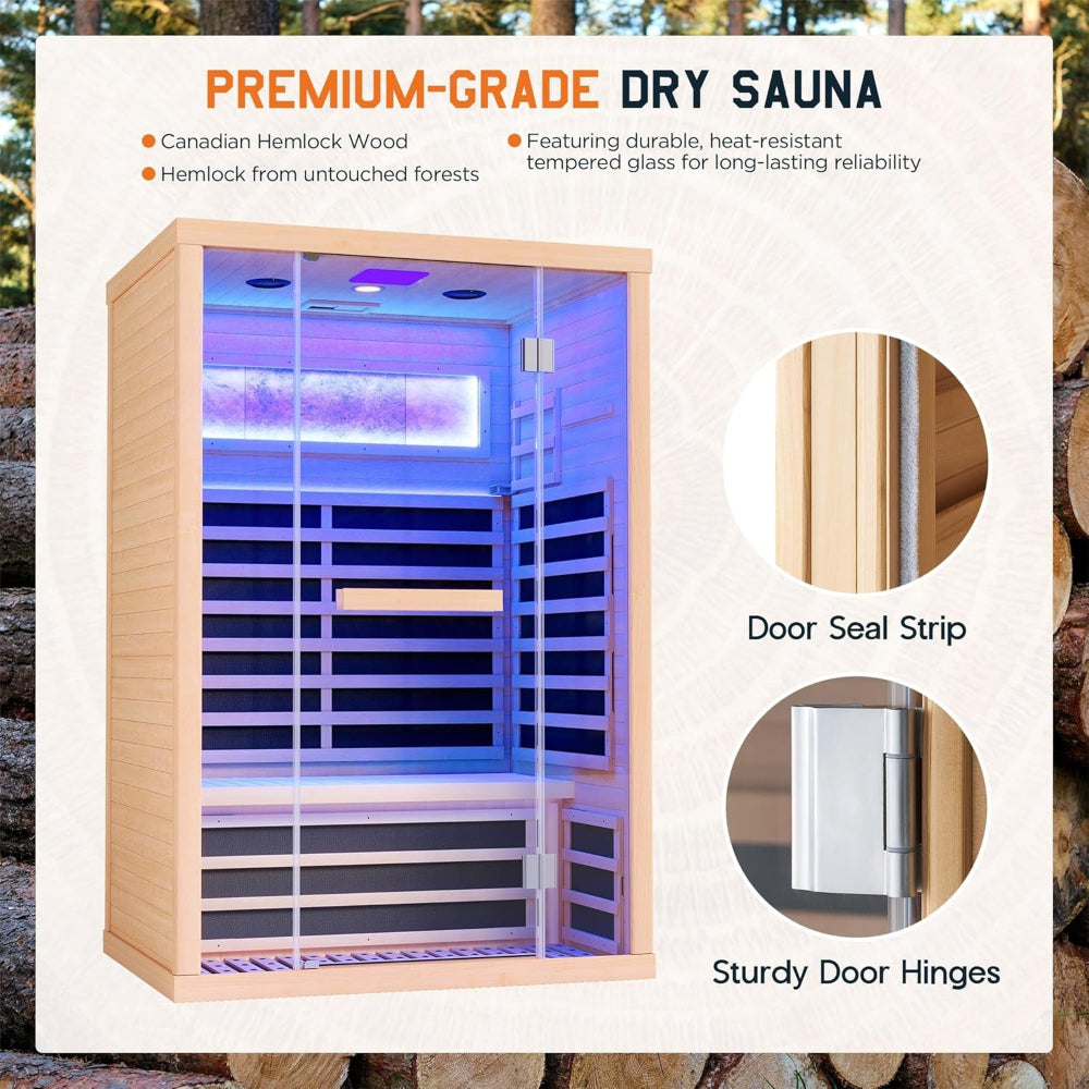 Infrared Sauna 2 Person, Infrared Saunas for Home, Low EMF 110V Hemlock Wood Dry Sauna with Tourmaline Foot Warmer, 7-Color Light Therapy & Salt Crystal Bricks, 47.2"X34.2"X70.9"
